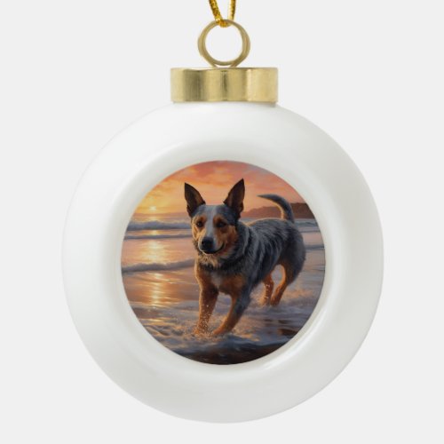 Sandy Paws Australian Cattle Dog on Beach Sunset Ceramic Ball Christmas Ornament