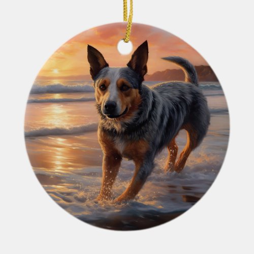 Sandy Paws Australian Cattle Dog on Beach Sunset Ceramic Ornament