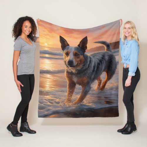 Sandy Paws Australian Cattle Dog on Beach Sunset Fleece Blanket