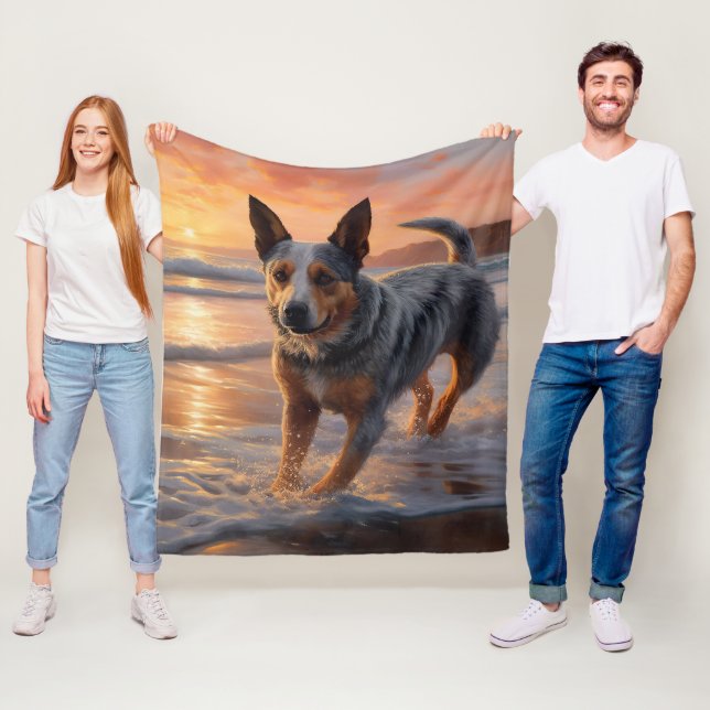 Sandy Paws Australian Cattle Dog on Beach Sunset Fleece Blanket (In Situ)
