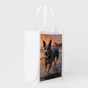 Sandy Paws Australian Cattle Dog on Beach Sunset Grocery Bag