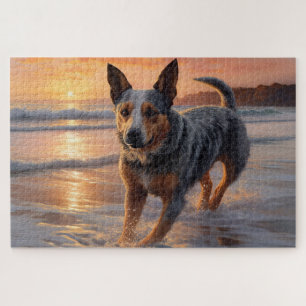 Sandy Paws Australian Cattle Dog on Beach Sunset Jigsaw Puzzle