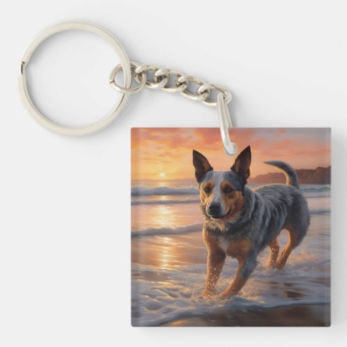 Sandy Paws Australian Cattle Dog on Beach Sunset Keychain