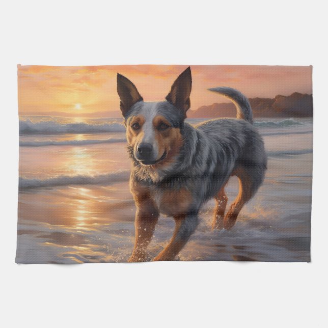 Sandy Paws Australian Cattle Dog on Beach Sunset Kitchen Towel (Horizontal)