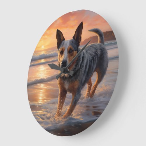 Sandy Paws Australian Cattle Dog on Beach Sunset Large Clock