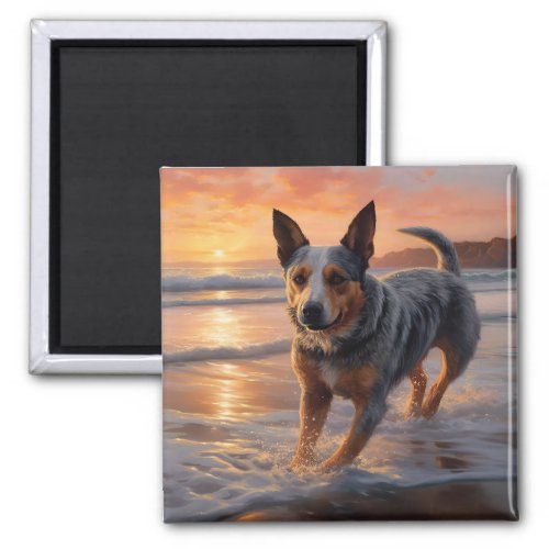 Sandy Paws Australian Cattle Dog on Beach Sunset Magnet
