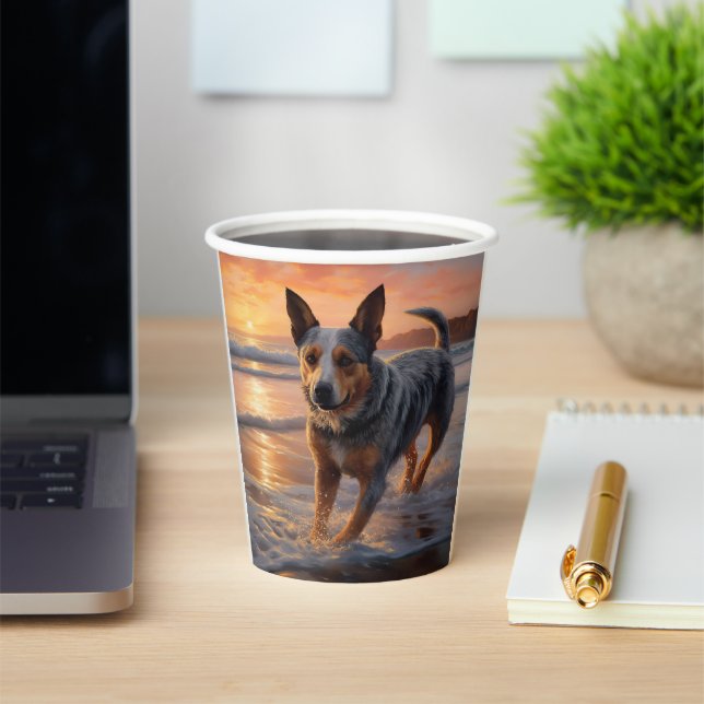 Sandy Paws Australian Cattle Dog on Beach Sunset Paper Cups (Insitu)