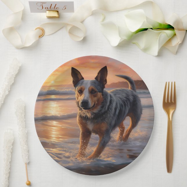 Sandy Paws Australian Cattle Dog on Beach Sunset Paper Plates (Wedding)