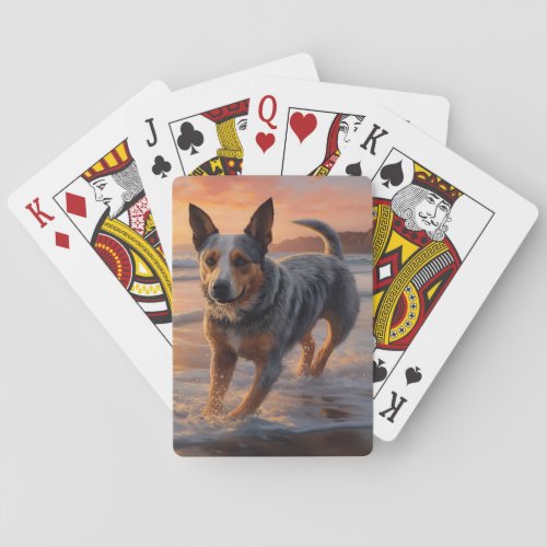 Sandy Paws Australian Cattle Dog on Beach Sunset Poker Cards