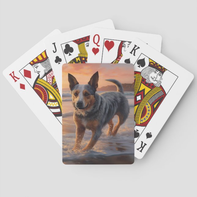 Sandy Paws Australian Cattle Dog on Beach Sunset Poker Cards (Back)