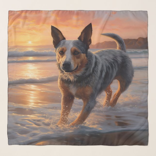 Sandy Paws Australian Cattle Dog on Beach Sunset Scarf (Front)