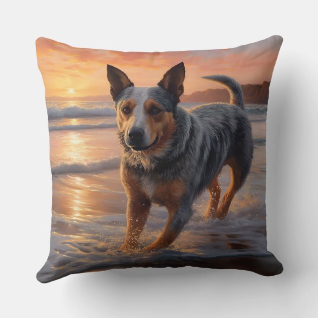 Sandy Paws Australian Cattle Dog on Beach Sunset Throw Pillow (Back)