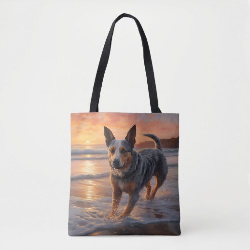 Sandy Paws Australian Cattle Dog on Beach Sunset Tote Bag
