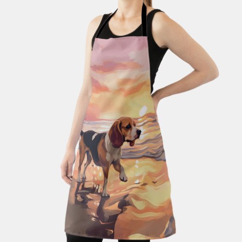 Sandy Paws Beagle Dog on Beach Sunset  Apron