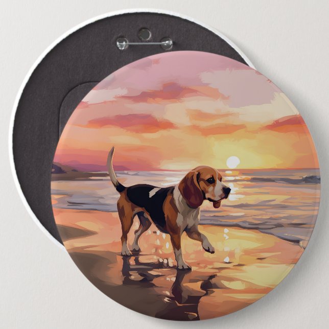 Sandy Paws Beagle Dog on Beach Sunset  Button (Front & Back)