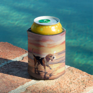 Sandy Paws Beagle Dog on Beach Sunset Can Cooler