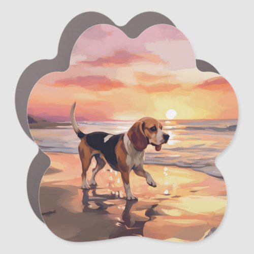 Sandy Paws Beagle Dog on Beach Sunset  Car Magnet