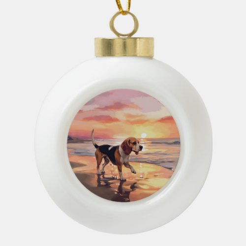 Sandy Paws Beagle Dog on Beach Sunset  Ceramic Ball Christmas Ornament