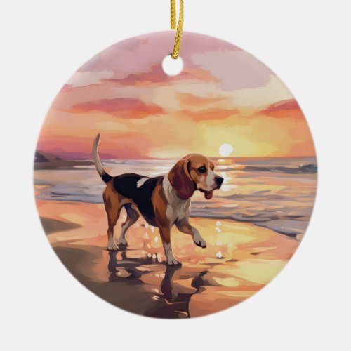 Sandy Paws Beagle Dog on Beach Sunset  Ceramic Ornament