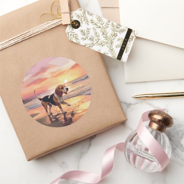 Sandy Paws Beagle Dog on Beach Sunset  Classic Round Sticker (Gifting)