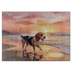 Sandy Paws Beagle Dog on Beach Sunset Cutting Board