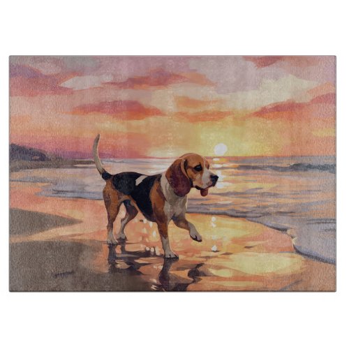 Sandy Paws Beagle Dog on Beach Sunset  Cutting Board