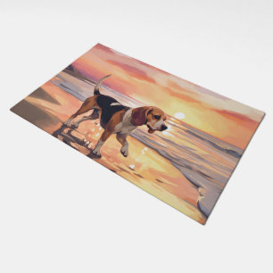 Sandy Paws Beagle Dog on Beach Sunset Doormat