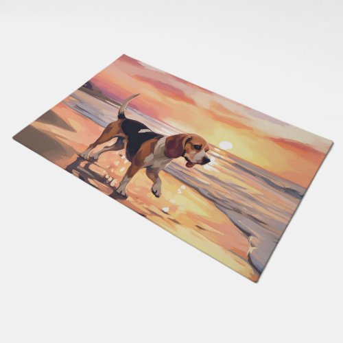 Sandy Paws Beagle Dog on Beach Sunset  Doormat