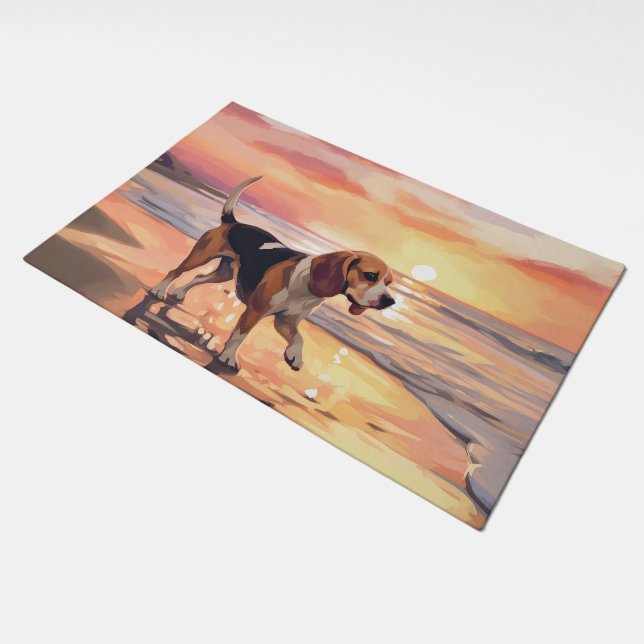 Sandy Paws Beagle Dog on Beach Sunset  Doormat (Angled)