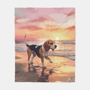 Sandy Paws Beagle Dog on Beach Sunset Fleece Blanket