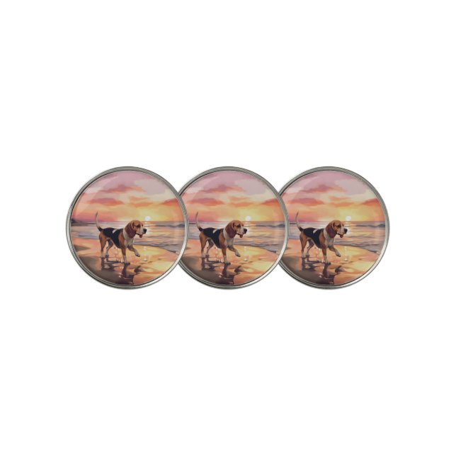 Sandy Paws Beagle Dog on Beach Sunset  Golf Ball Marker (3 Up)
