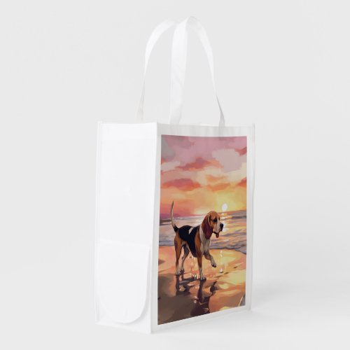 Sandy Paws Beagle Dog on Beach Sunset  Grocery Bag