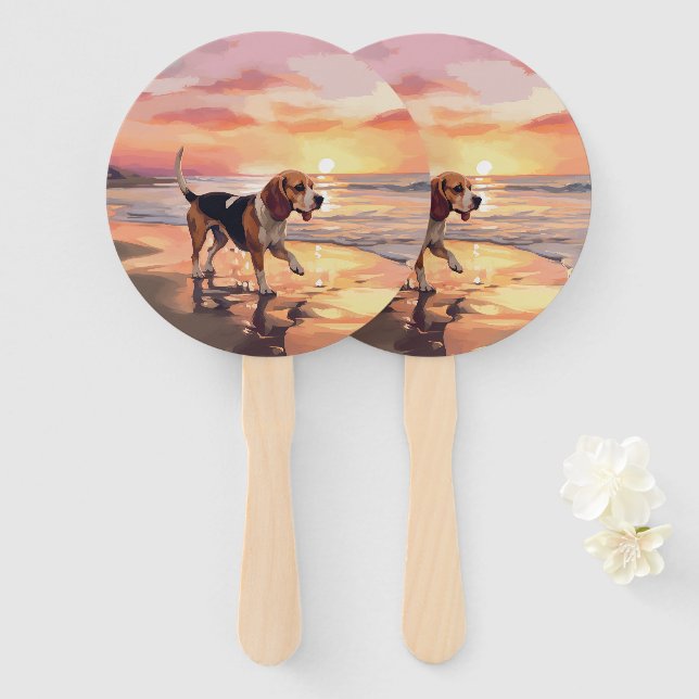 Sandy Paws Beagle Dog on Beach Sunset  Hand Fan (Front and Back)