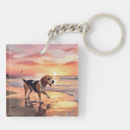 Sandy Paws Beagle Dog on Beach Sunset  Keychain