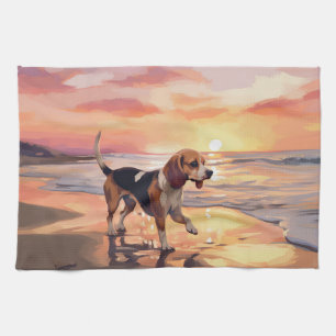 Sandy Paws Beagle Dog on Beach Sunset Kitchen Towel