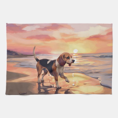 Sandy Paws Beagle Dog on Beach Sunset  Kitchen Towel