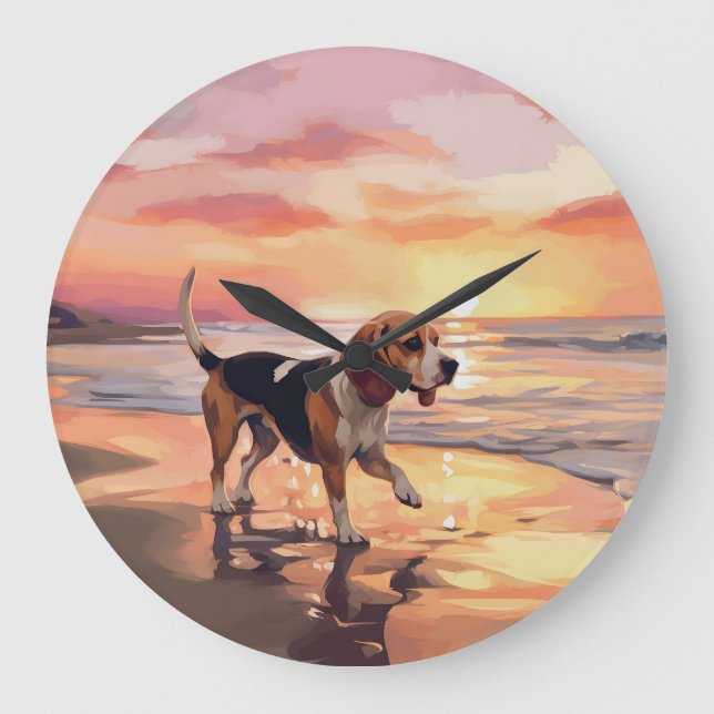 Sandy Paws Beagle Dog on Beach Sunset  Large Clock (Front)