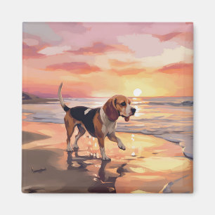 Sandy Paws Beagle Dog on Beach Sunset  Magnet