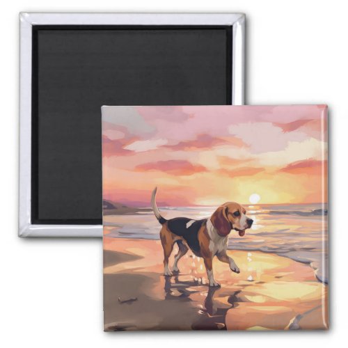 Sandy Paws Beagle Dog on Beach Sunset  Magnet