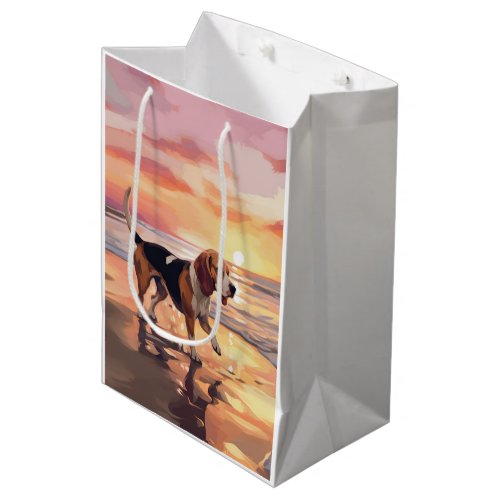 Sandy Paws Beagle Dog on Beach Sunset  Medium Gift Bag