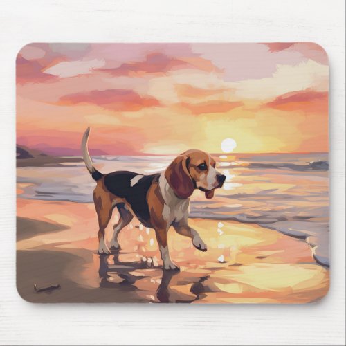 Sandy Paws Beagle Dog on Beach Sunset  Mouse Pad