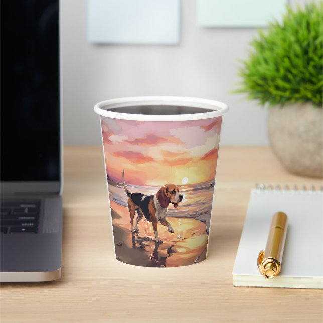 Sandy Paws Beagle Dog on Beach Sunset  Paper Cups (Insitu)