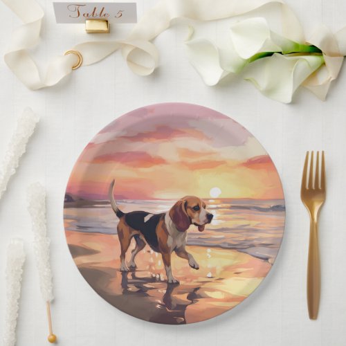 Sandy Paws Beagle Dog on Beach Sunset  Paper Plates