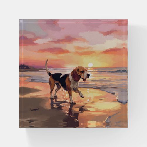 Sandy Paws Beagle Dog on Beach Sunset  Paperweight