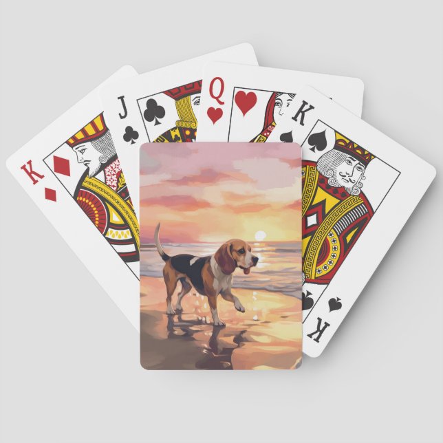Sandy Paws Beagle Dog on Beach Sunset  Poker Cards (Back)