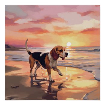 Sandy Paws Beagle Dog On Beach Sunset  Poster by aashiarsh at Zazzle