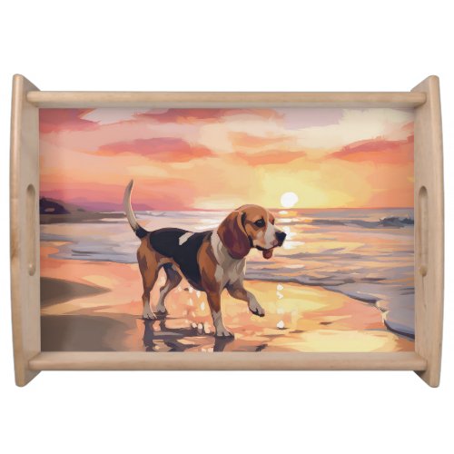 Sandy Paws Beagle Dog on Beach Sunset  Serving Tray