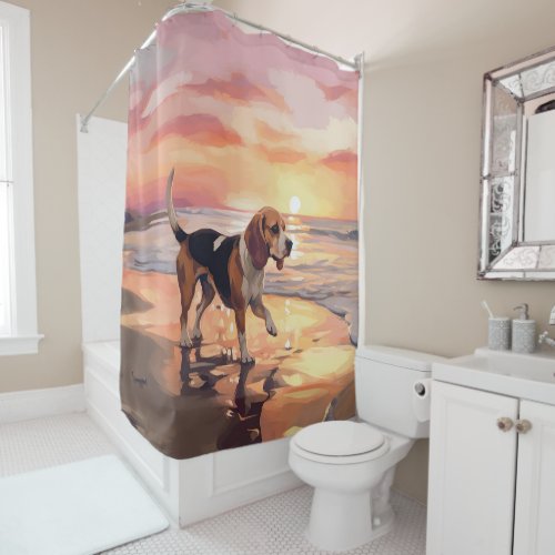 Sandy Paws Beagle Dog on Beach Sunset  Shower Curtain