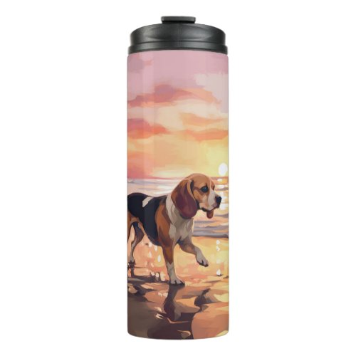 Sandy Paws Beagle Dog on Beach Sunset  Thermal Tumbler
