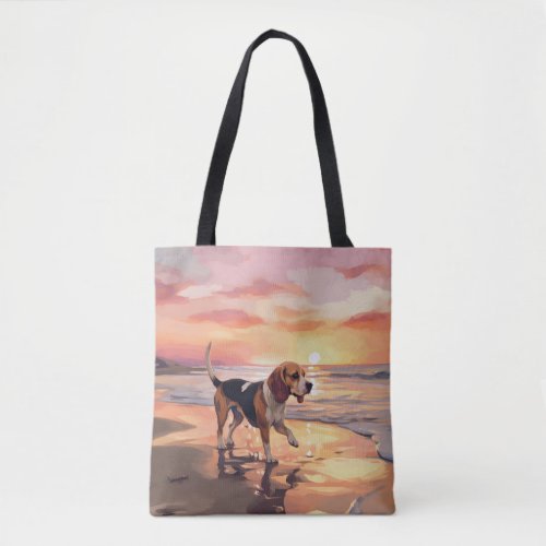 Sandy Paws Beagle Dog on Beach Sunset  Tote Bag
